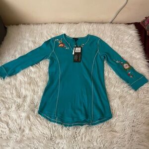 Alp N Rock NWT turquoise three-quarter sleeve embroidered Henley top size SMALL